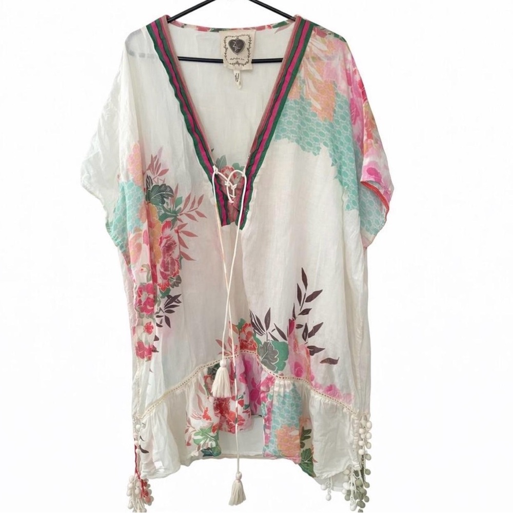 Boho Floral Tie-Front Swim Coverup - White with Pink & Teal